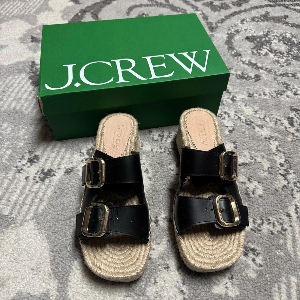 J. Crew Made in Spain Black Leather Gold Buckle Block Heel Espadrilles